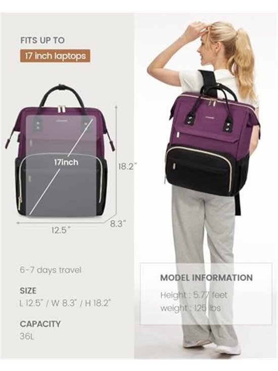 18 Inch Large Laptop Backpack Women Travel Work USB Port Dark Purple Black Bag